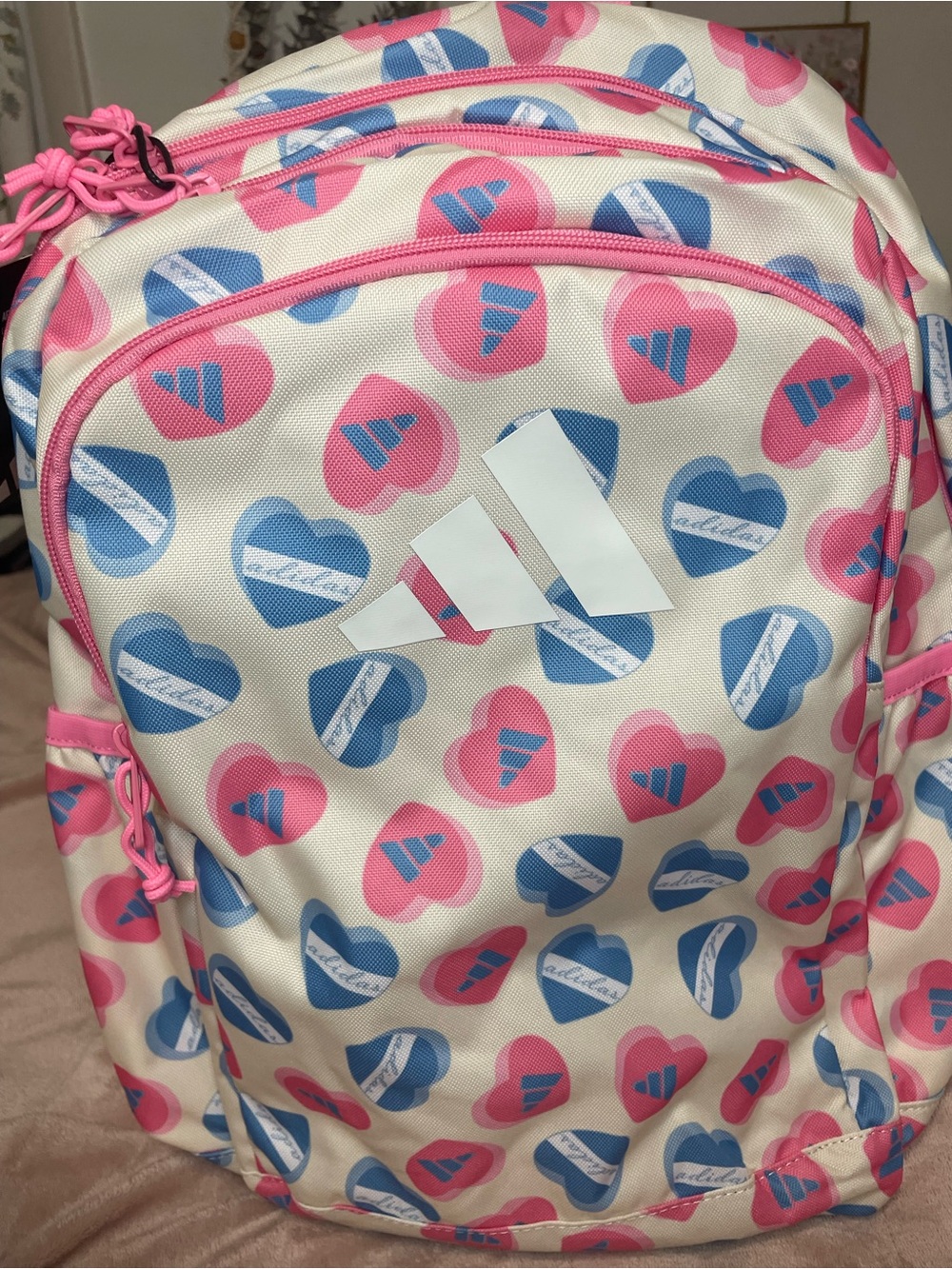 adidas Kids Heart Pattern Backpack in Pink, Blue & Cream